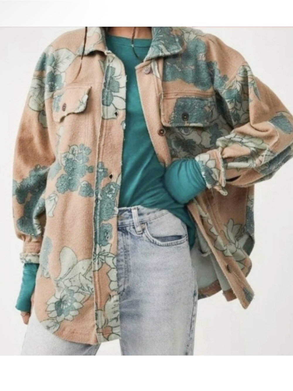Free People Ruby Jacket Floral Shacket in Beige and Teal